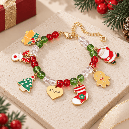 Custom Name Christmas Bracelet Santa Holiday Charms for Children - Glaxias