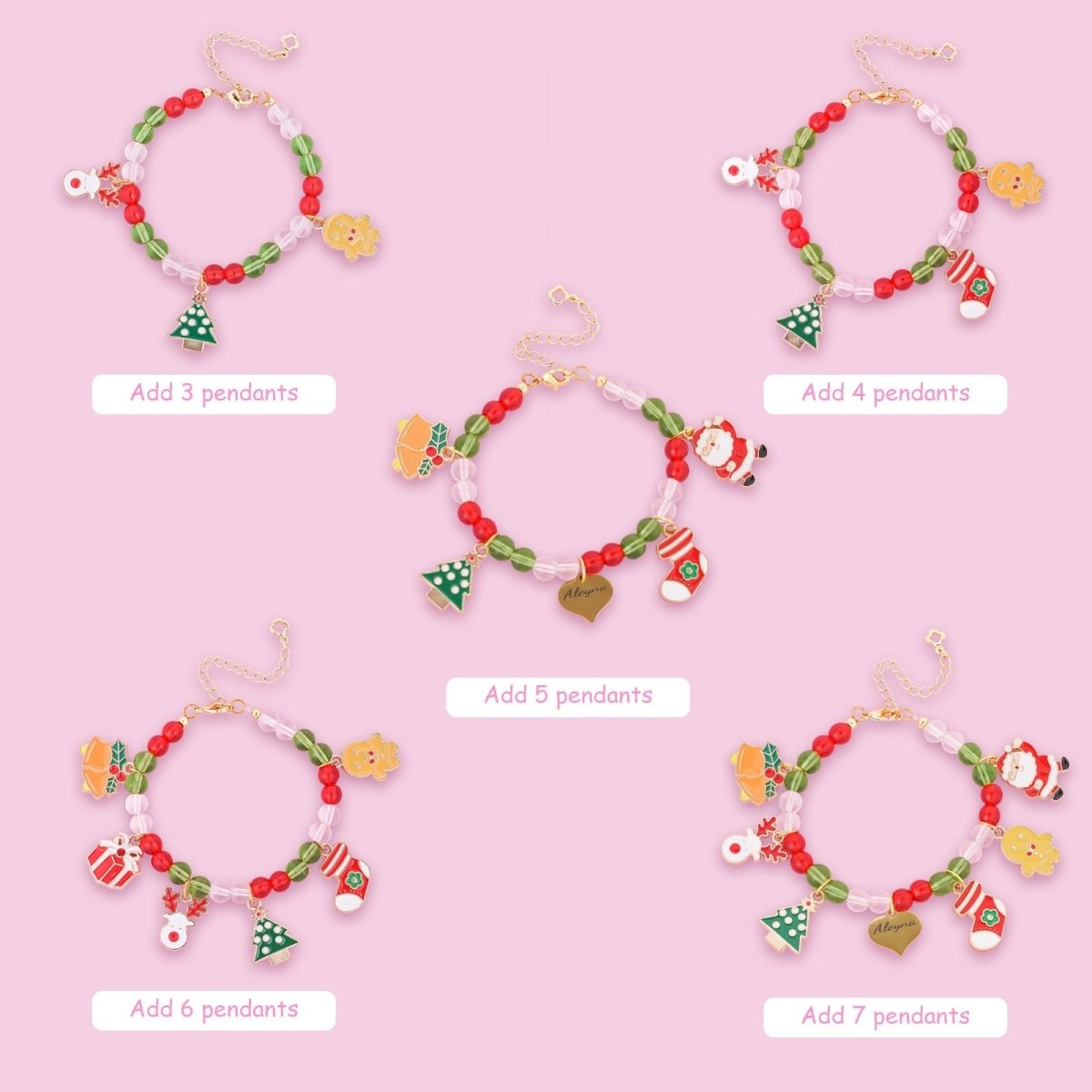 Custom Name Christmas Bracelet Santa Holiday Charms for Children - Glaxias