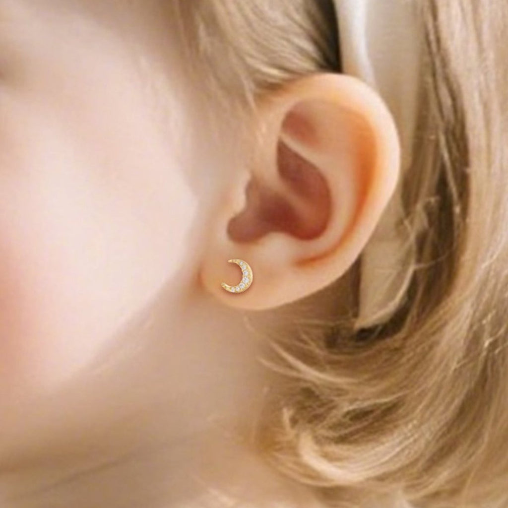 CZ Crescent Moon Girls Stud Earrings - Glaxias