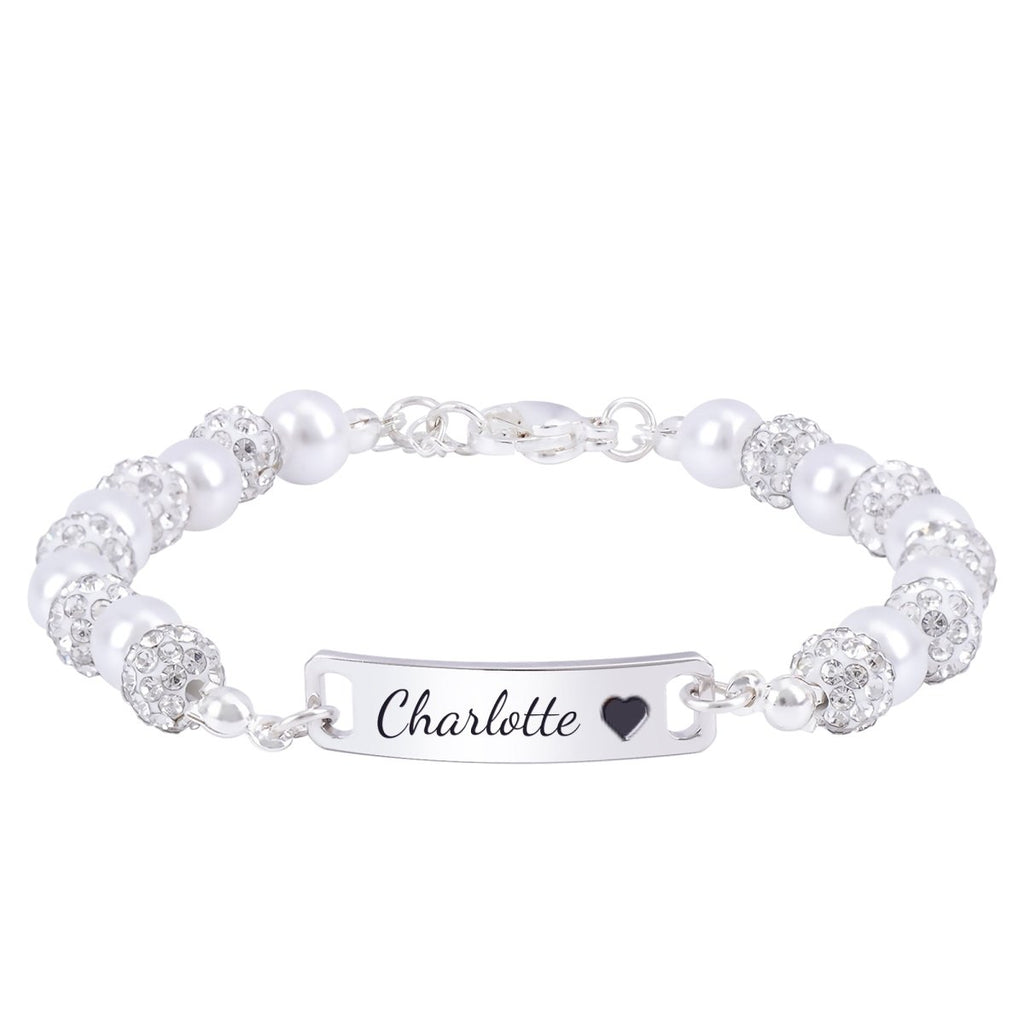 CZ Silver Personalized Baby Name Pearl Bracelet - Glaxias