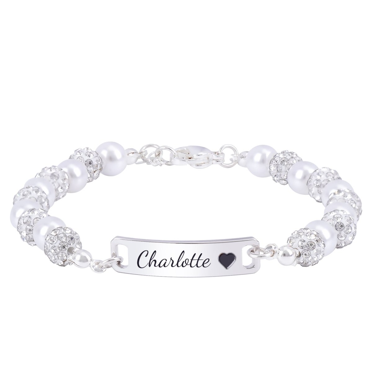 CZ Silver Personalized Baby Name Pearl Bracelet - Glaxias