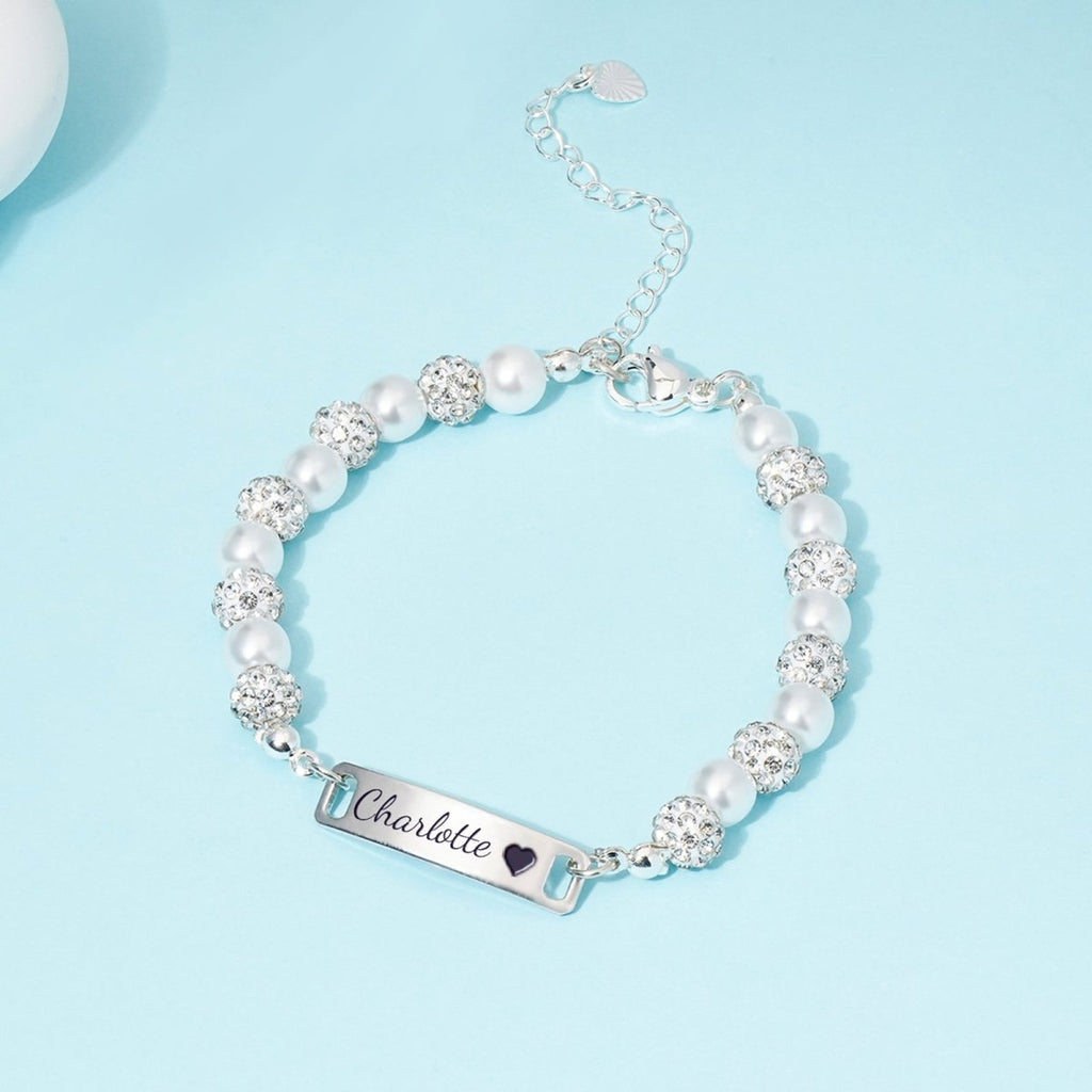 CZ Silver Personalized Baby Name Pearl Bracelet - Glaxias
