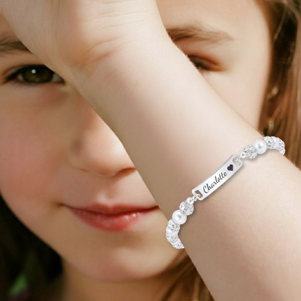 CZ Silver Personalized Baby Name Pearl Bracelet - Glaxias