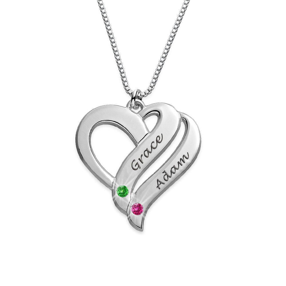 Double Heart Personalized Name and Birthstone Necklace - Glaxias