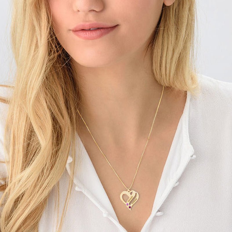 Double Heart Personalized Name and Birthstone Necklace - Glaxias