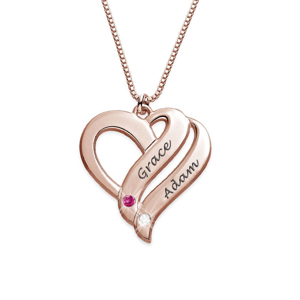 Double Heart Personalized Name and Birthstone Necklace - Glaxias