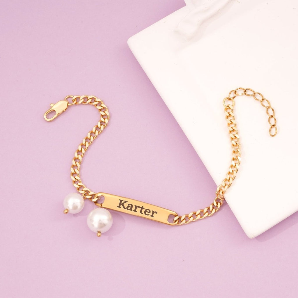 Engravable Name Children¡®s Bracelet with Two Pearl Charms - Glaxias