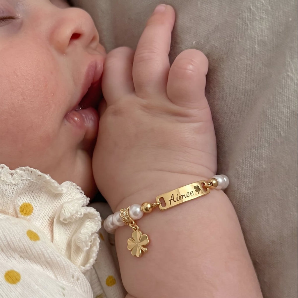 Four-leaf Clover Personalized Baby Name and Birthstone Pearl Bracelet - Glaxias