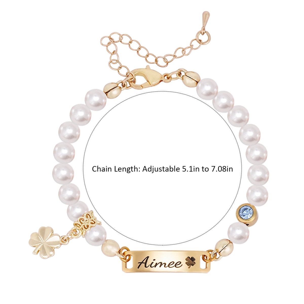 Four-leaf Clover Personalized Baby Name and Birthstone Pearl Bracelet - Glaxias