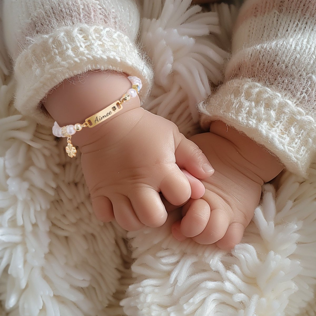 Four-leaf Clover Personalized Baby Name and Birthstone Pearl Bracelet - Glaxias