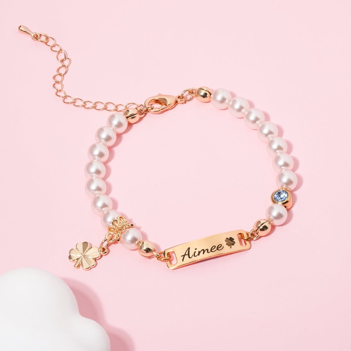 Four-leaf Clover Personalized Baby Name and Birthstone Pearl Bracelet - Glaxias
