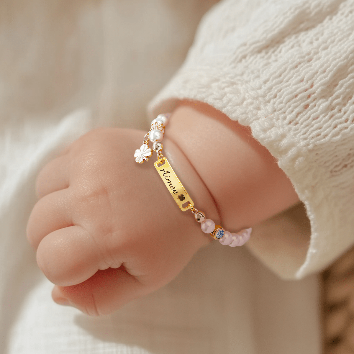 Four-leaf Clover Personalized Baby Name and Birthstone Pearl Bracelet - Glaxias