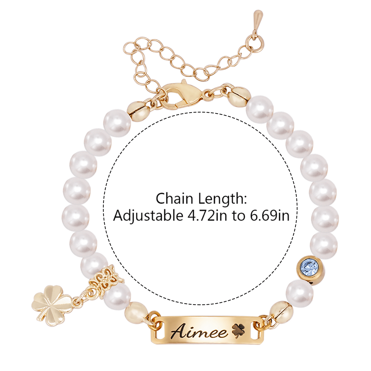 Four-leaf Clover Personalized Baby Name and Birthstone Pearl Bracelet - Glaxias