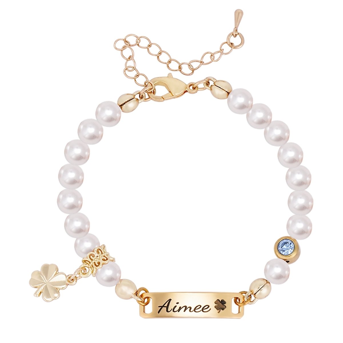 Four-leaf Clover Personalized Baby Name and Birthstone Pearl Bracelet - Glaxias
