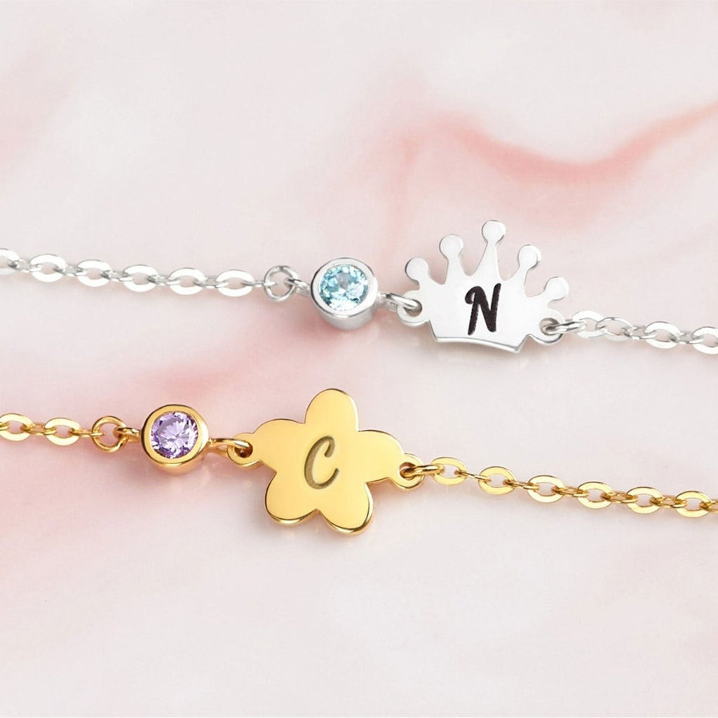 Girls Cute Element Initial and Birthstone Bracelet - Glaxias