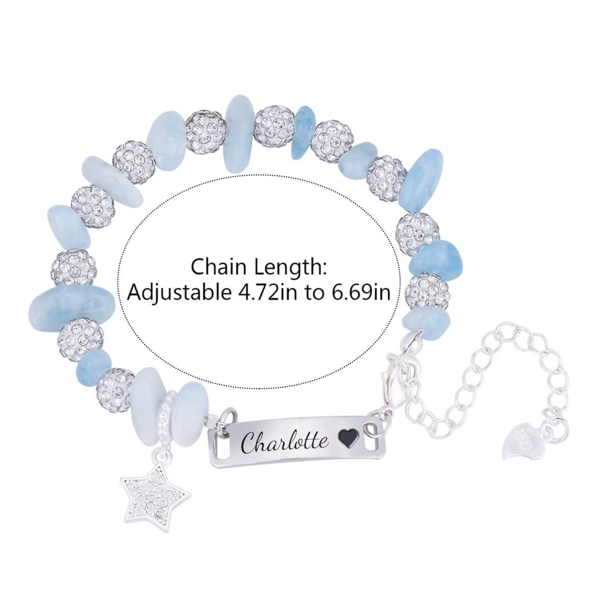 Girls Personalized Blue Crystal Name Bracelet with Star Charm - Glaxias