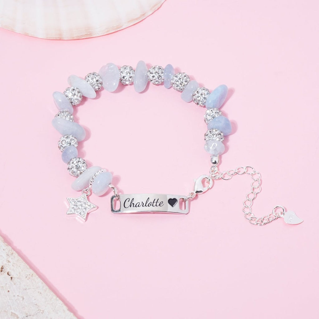 Girls Personalized Blue Crystal Name Bracelet with Star Charm - Glaxias