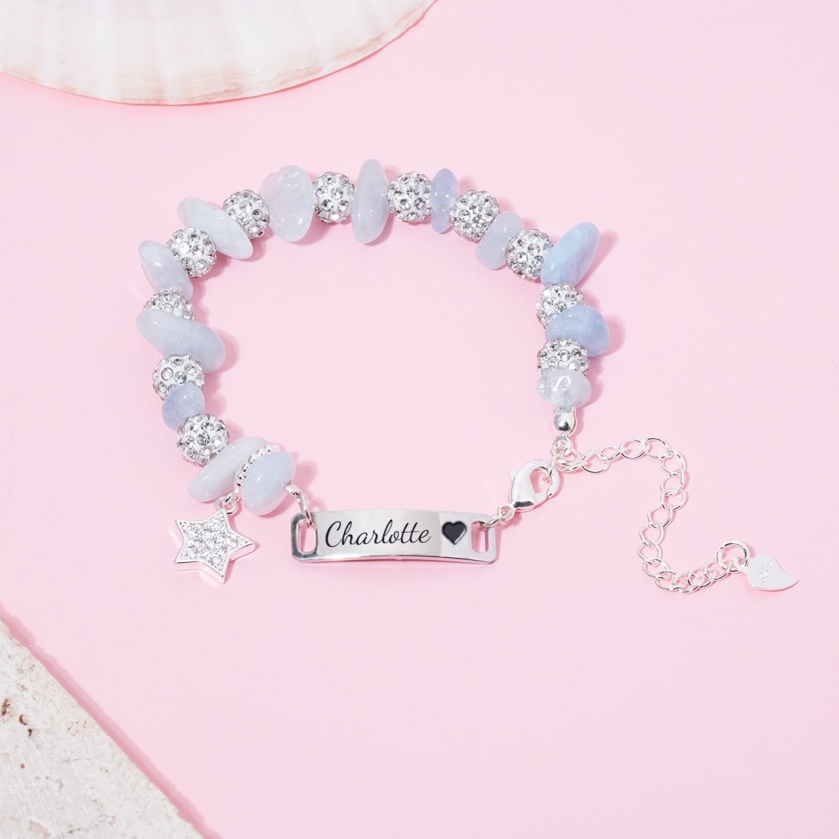 Girls Personalized Blue Crystal Name Bracelet with Star Charm - Glaxias