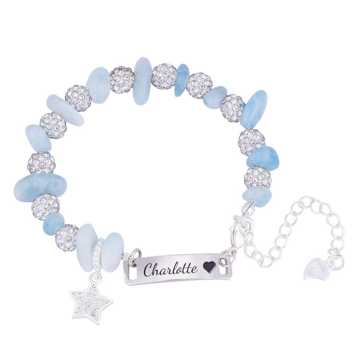 Girls Personalized Blue Crystal Name Bracelet with Star Charm - Glaxias