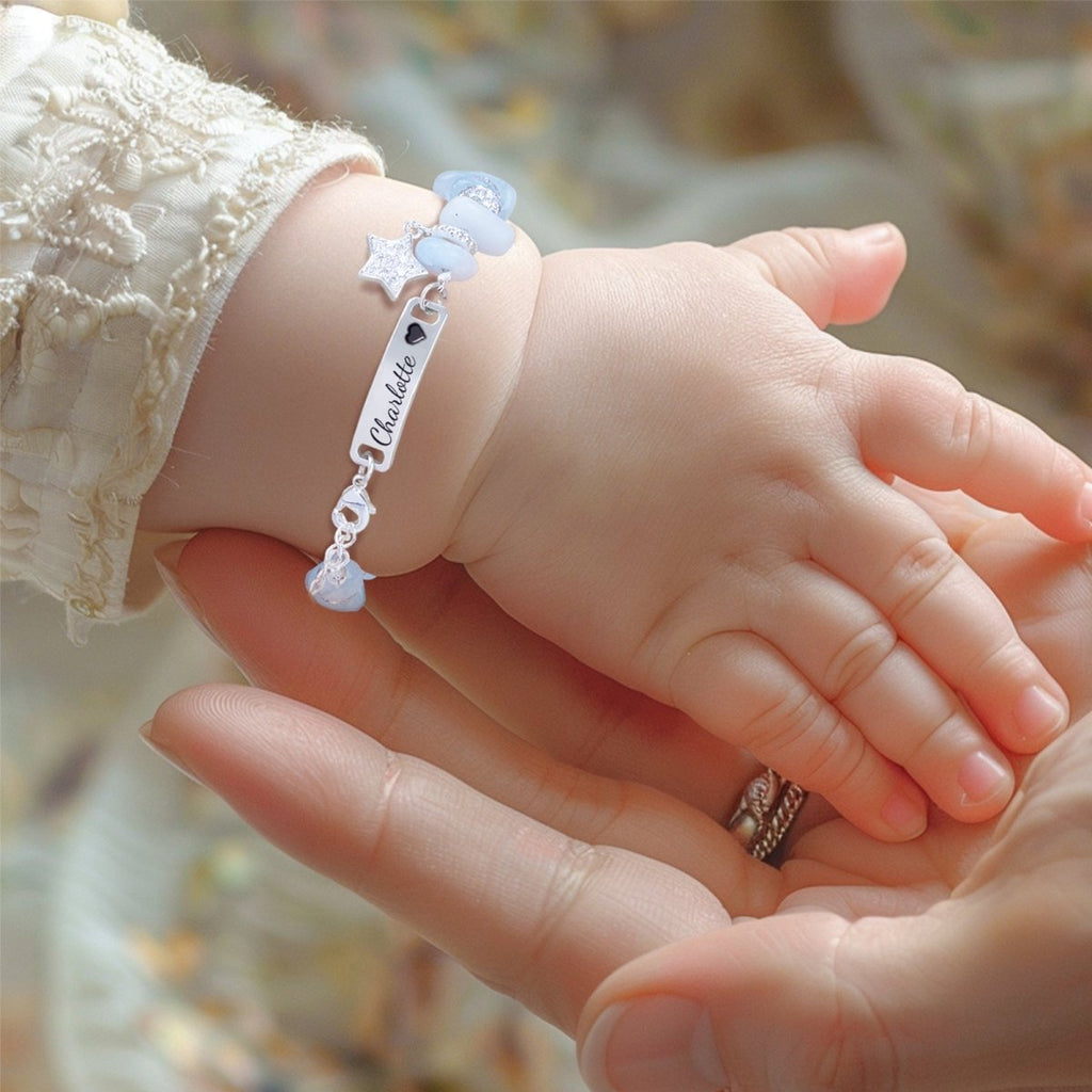Girls Personalized Blue Crystal Name Bracelet with Star Charm - Glaxias