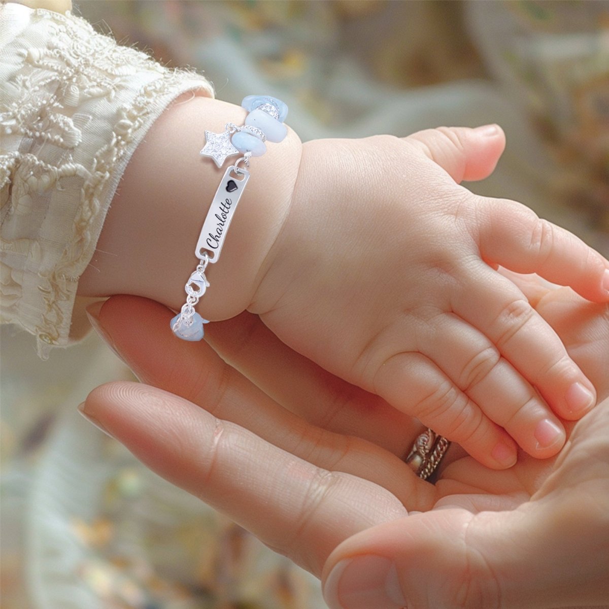 Girls Personalized Blue Crystal Name Bracelet with Star Charm - Glaxias