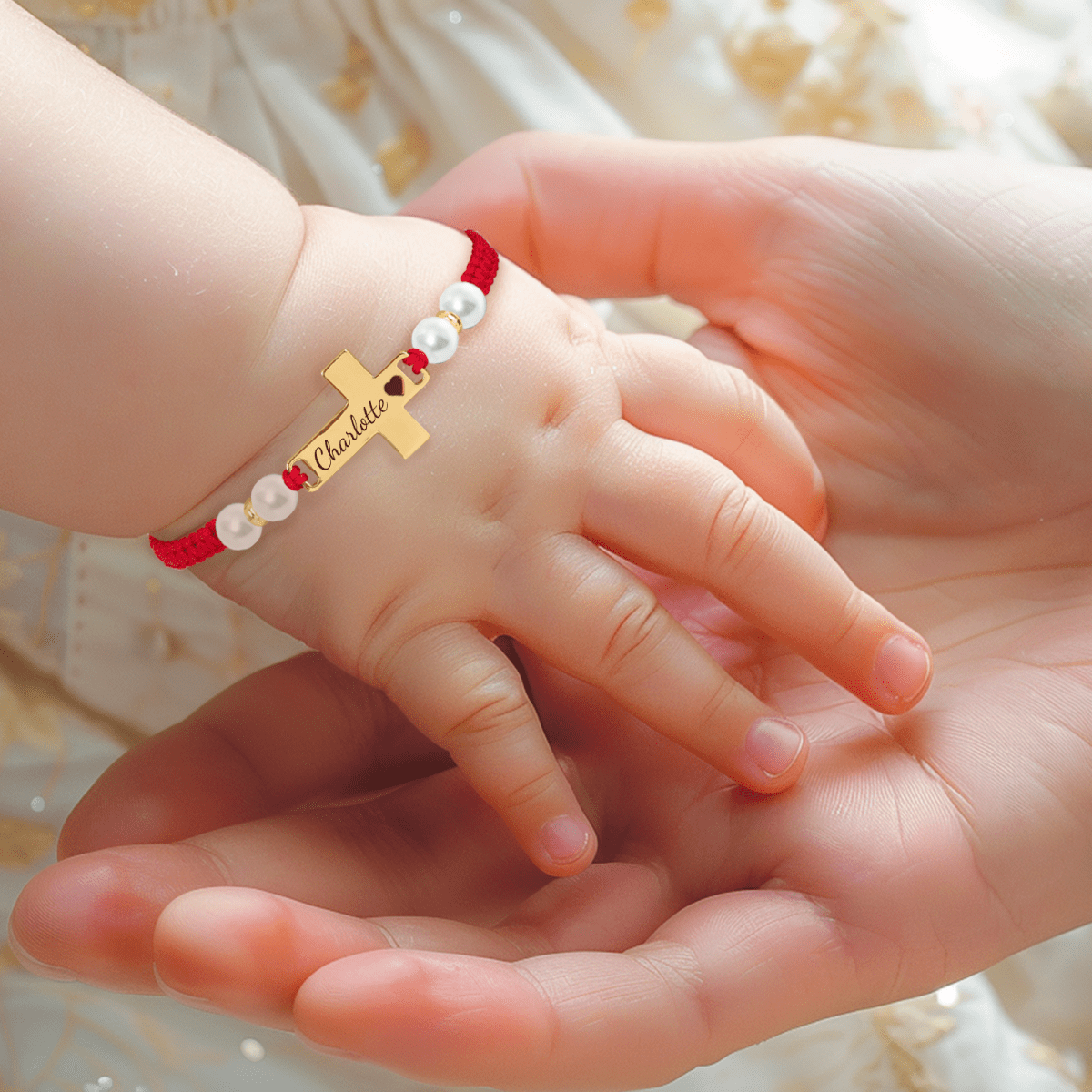 Hand Braided Red Rope Personalized Baby Name Cross Bracelet - Glaxias
