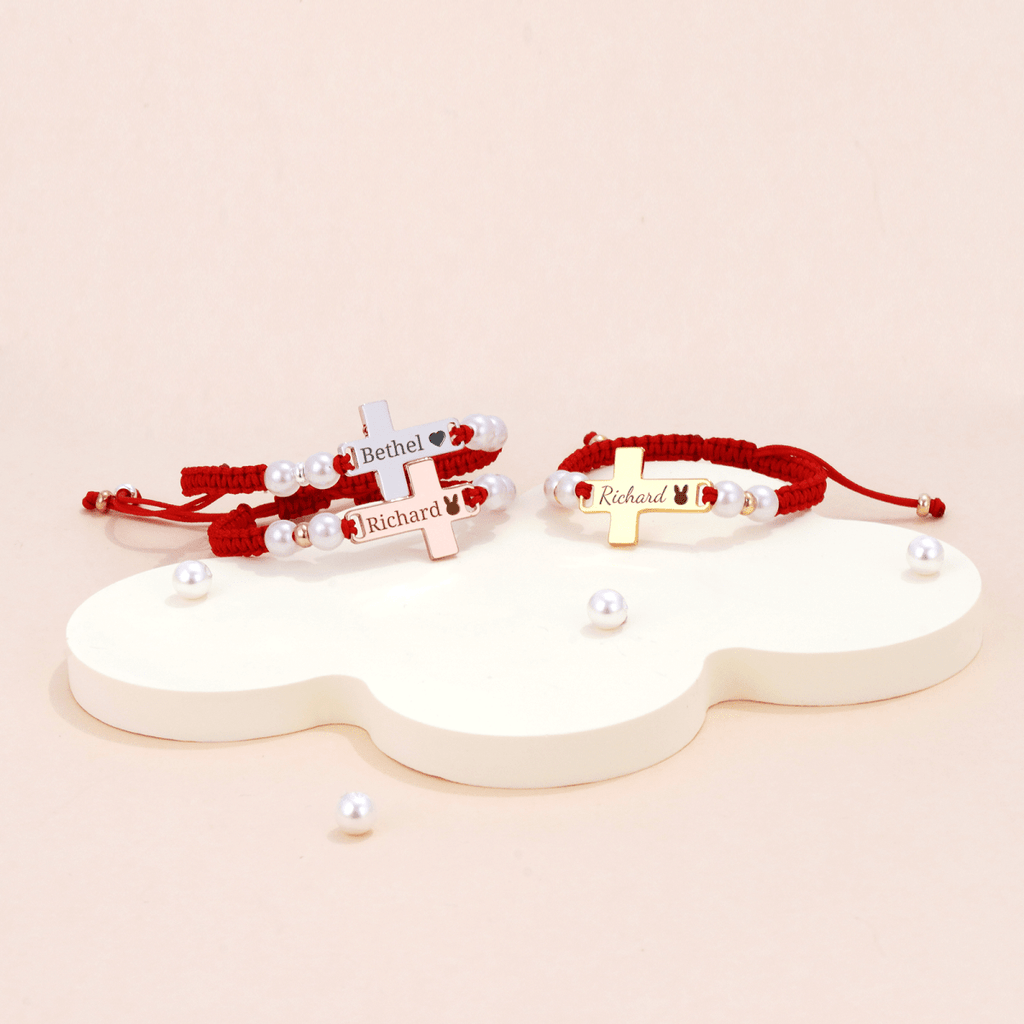 Hand Braided Red Rope Personalized Baby Name Cross Bracelet - Glaxias