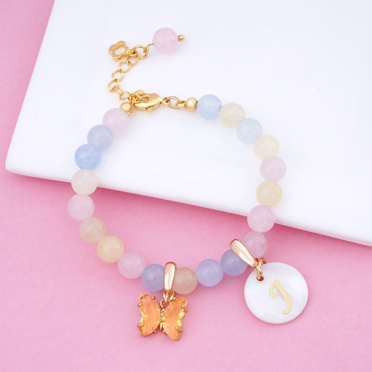Pastel Rainbow Jade Baby Initial and Birthstone Gemstone Bracelet - Glaxias