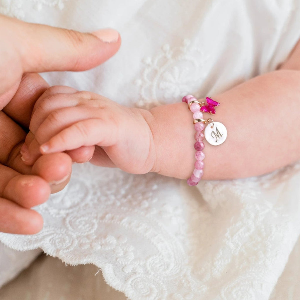 Pastel Rainbow Jade Baby Initial and Birthstone Gemstone Bracelet - Glaxias