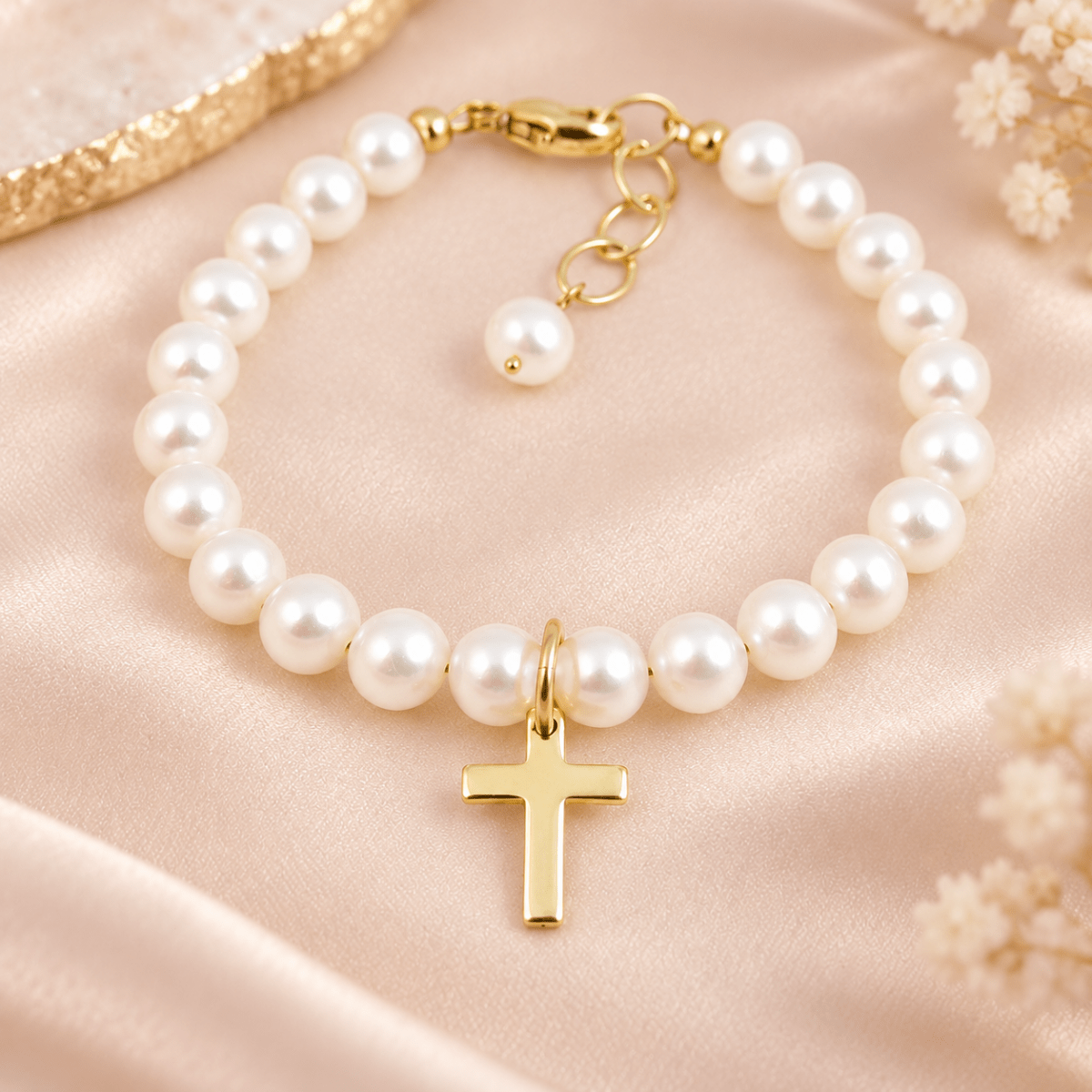Pearl and Cross Baby Baptism Bracelet - Glaxias