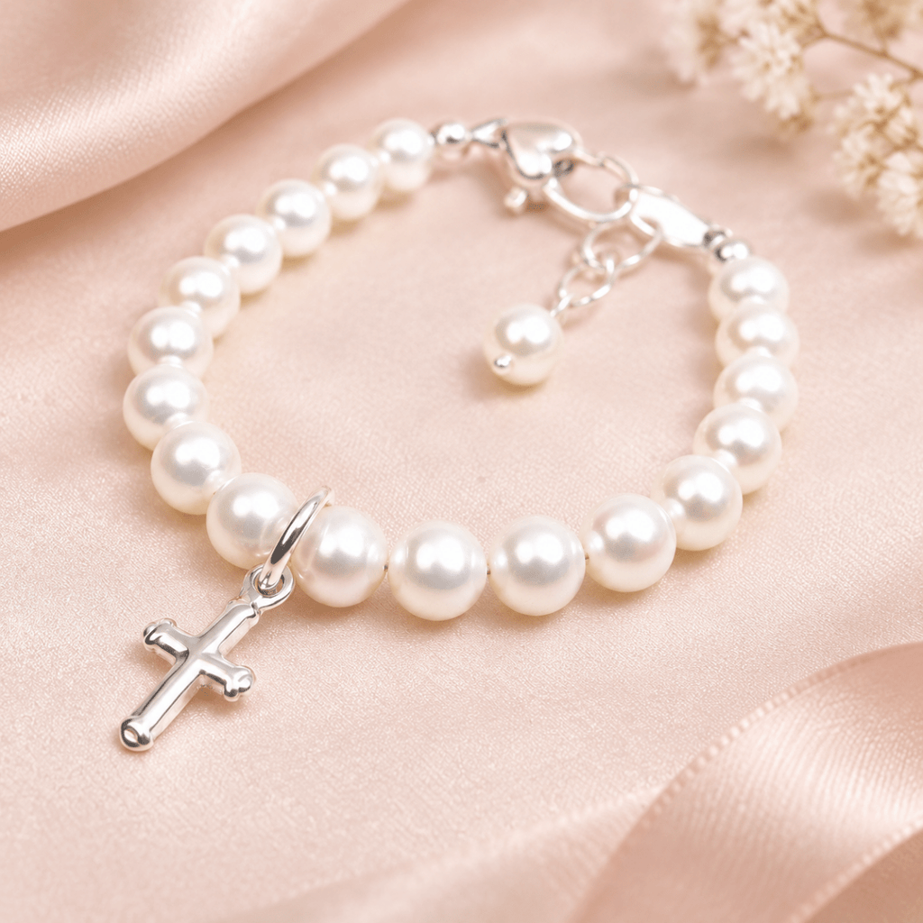 Pearl and Cross Baby Baptism Bracelet - Glaxias