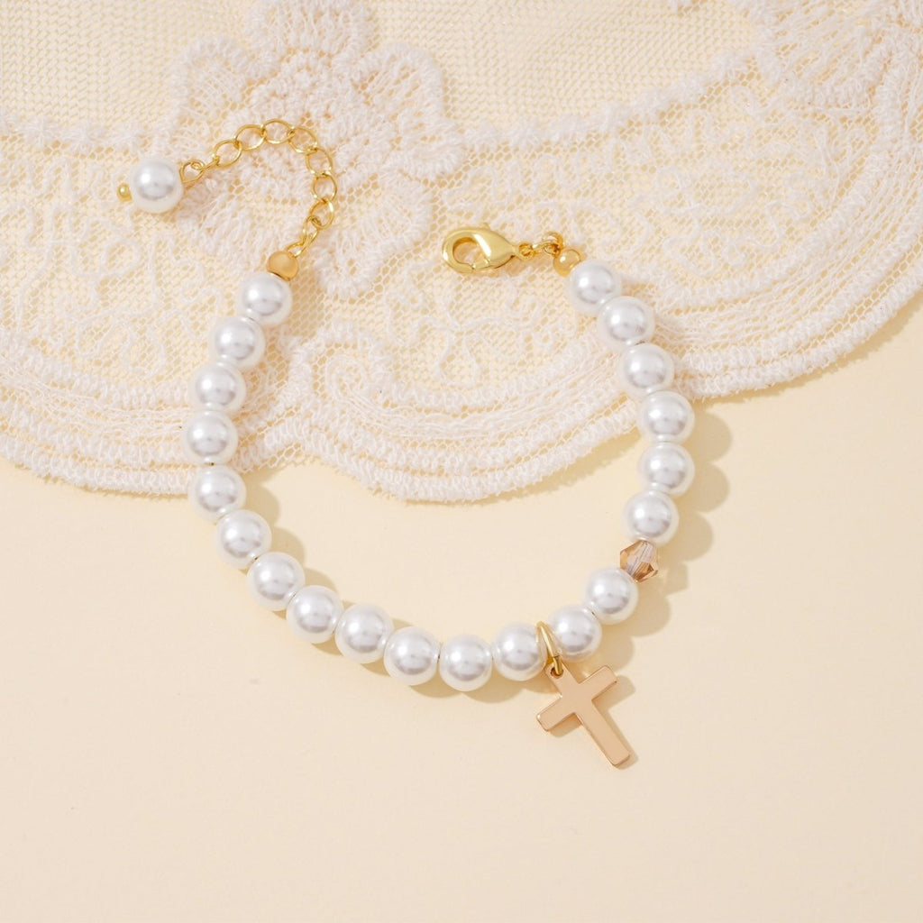 Pearl and Cross Baby Baptism Bracelet - Glaxias