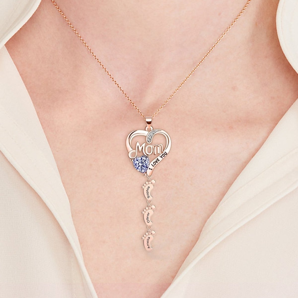 Personailzed Name and Birthstone Necklace With Feet Pendans - Glaxias