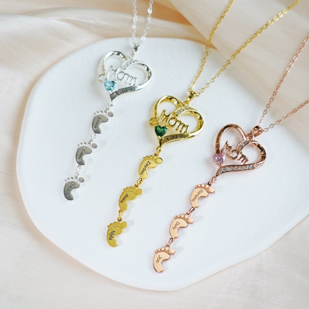 Personailzed Name and Birthstone Necklace With Feet Pendans - Glaxias