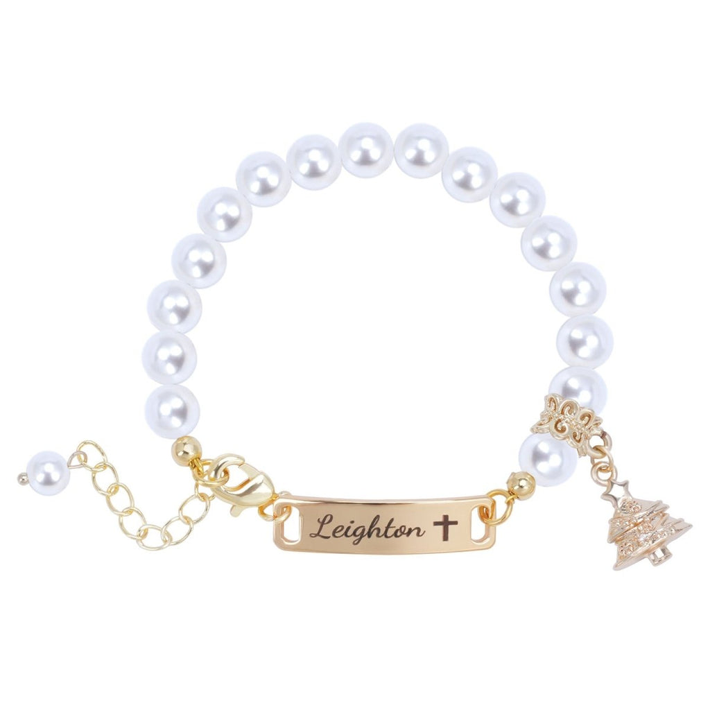 Personalised Kids Pearl Name Bracelet ¨C Christmas Tree Charm, Adjustable - Glaxias