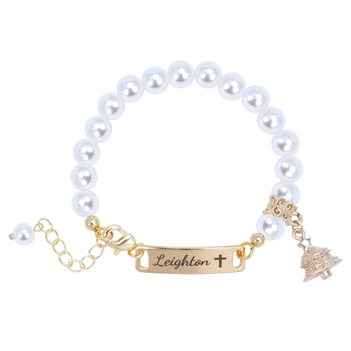 Personalised Kids Pearl Name Bracelet ¨C Christmas Tree Charm, Adjustable - Glaxias