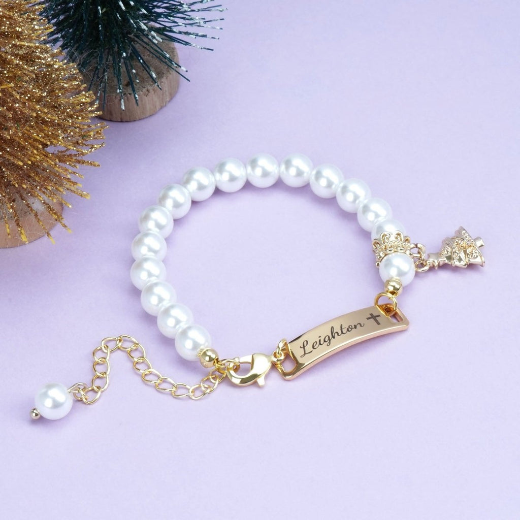 Personalised Kids Pearl Name Bracelet ¨C Christmas Tree Charm, Adjustable - Glaxias