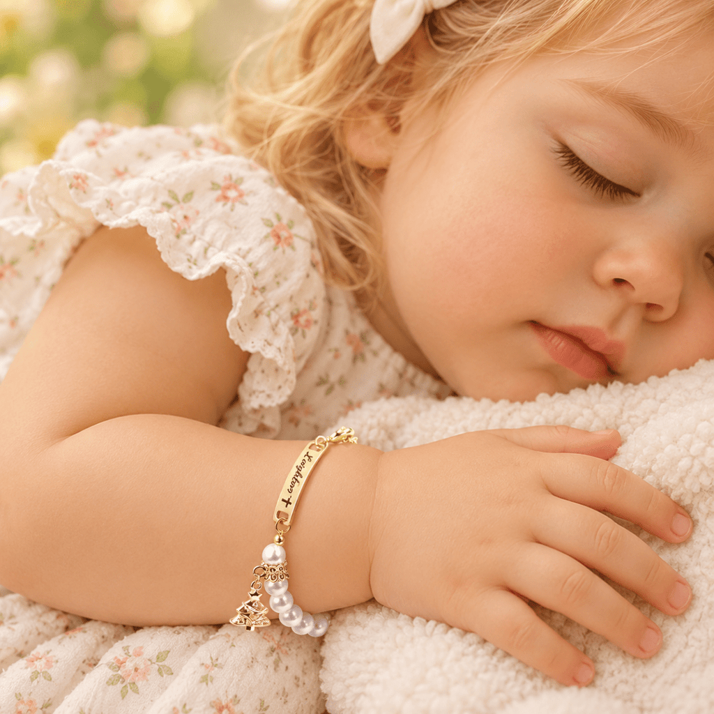 Personalised Kids Pearl Name Bracelet - Christmas Tree Charm, Adjustable - Glaxias