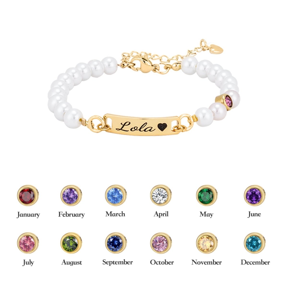 Personalized Baby Name and Birthstone Pearl Bracelet - Glaxias