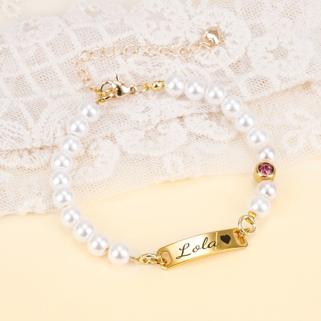 Personalized Baby Name and Birthstone Pearl Bracelet - Glaxias