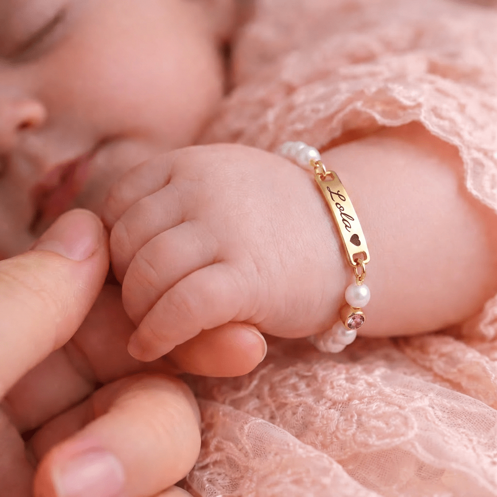 Personalized Baby Name and Birthstone Pearl Bracelet - Glaxias