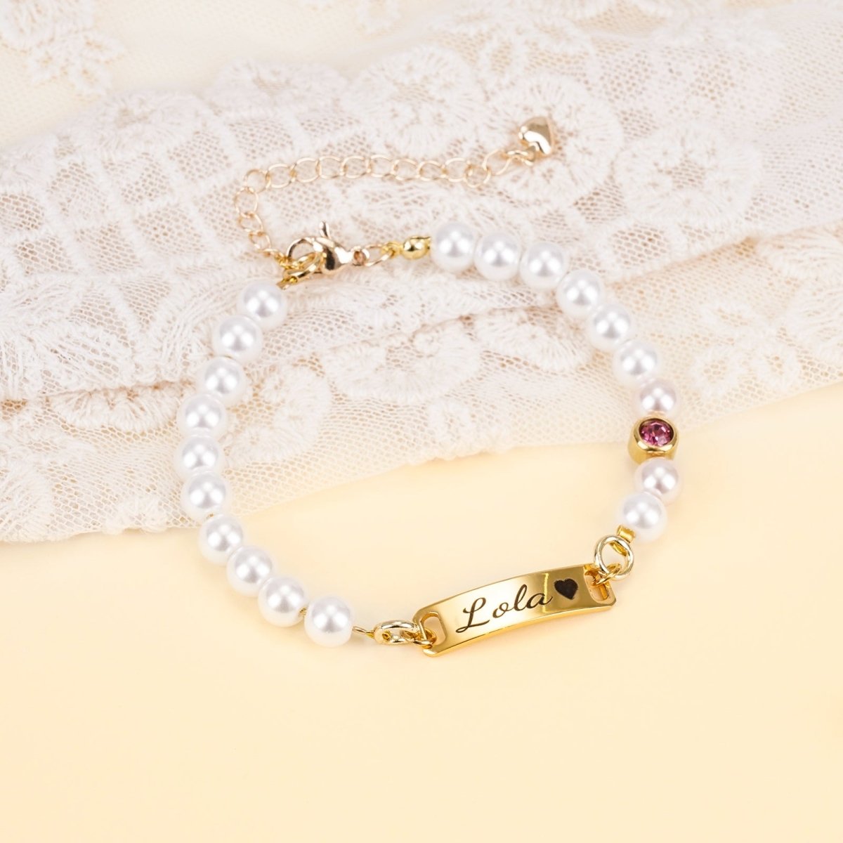 Personalized Baby Name and Birthstone Pearl Bracelet - Glaxias