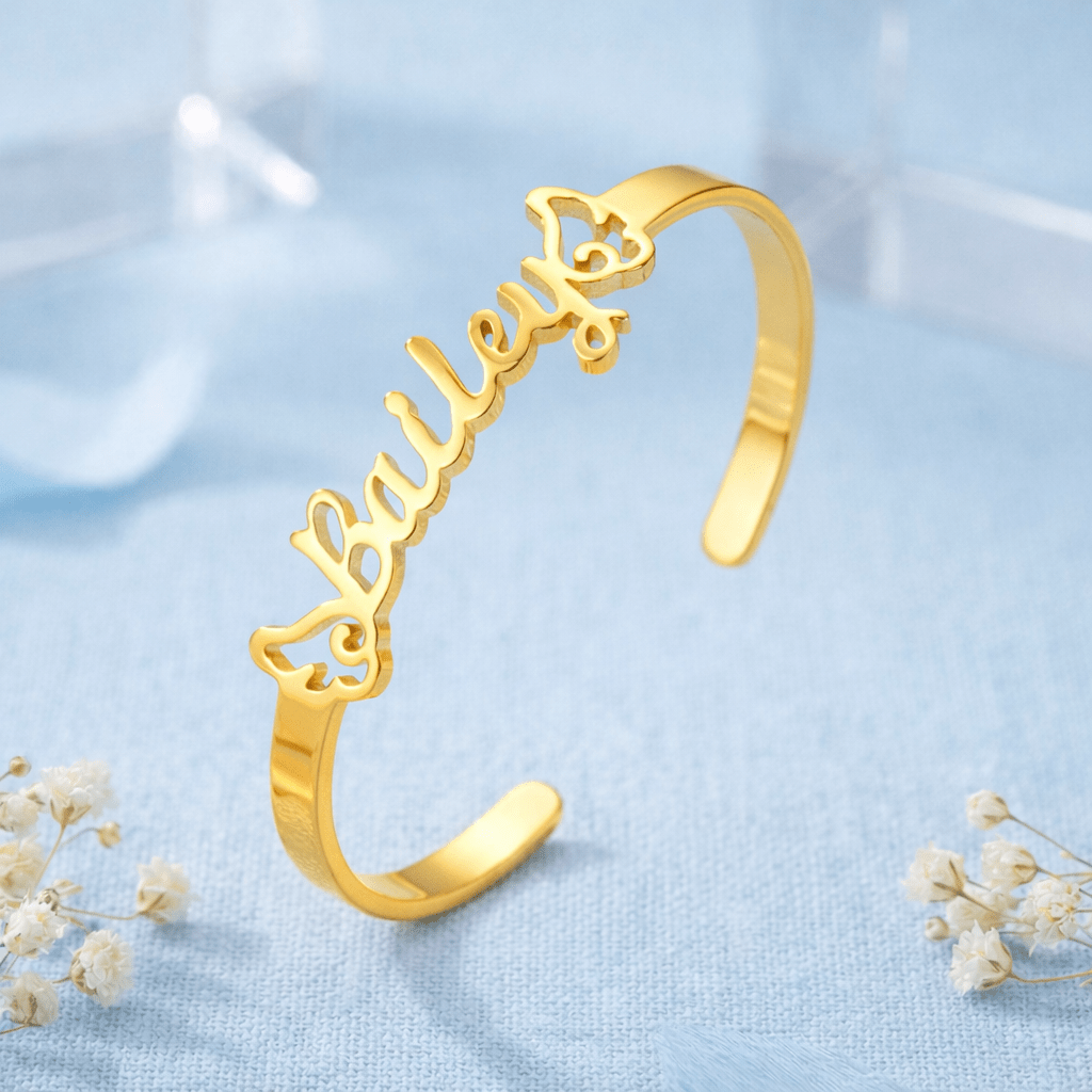 Personalized Baby Name Cuff Bracelet with Angel Wings - Glaxias