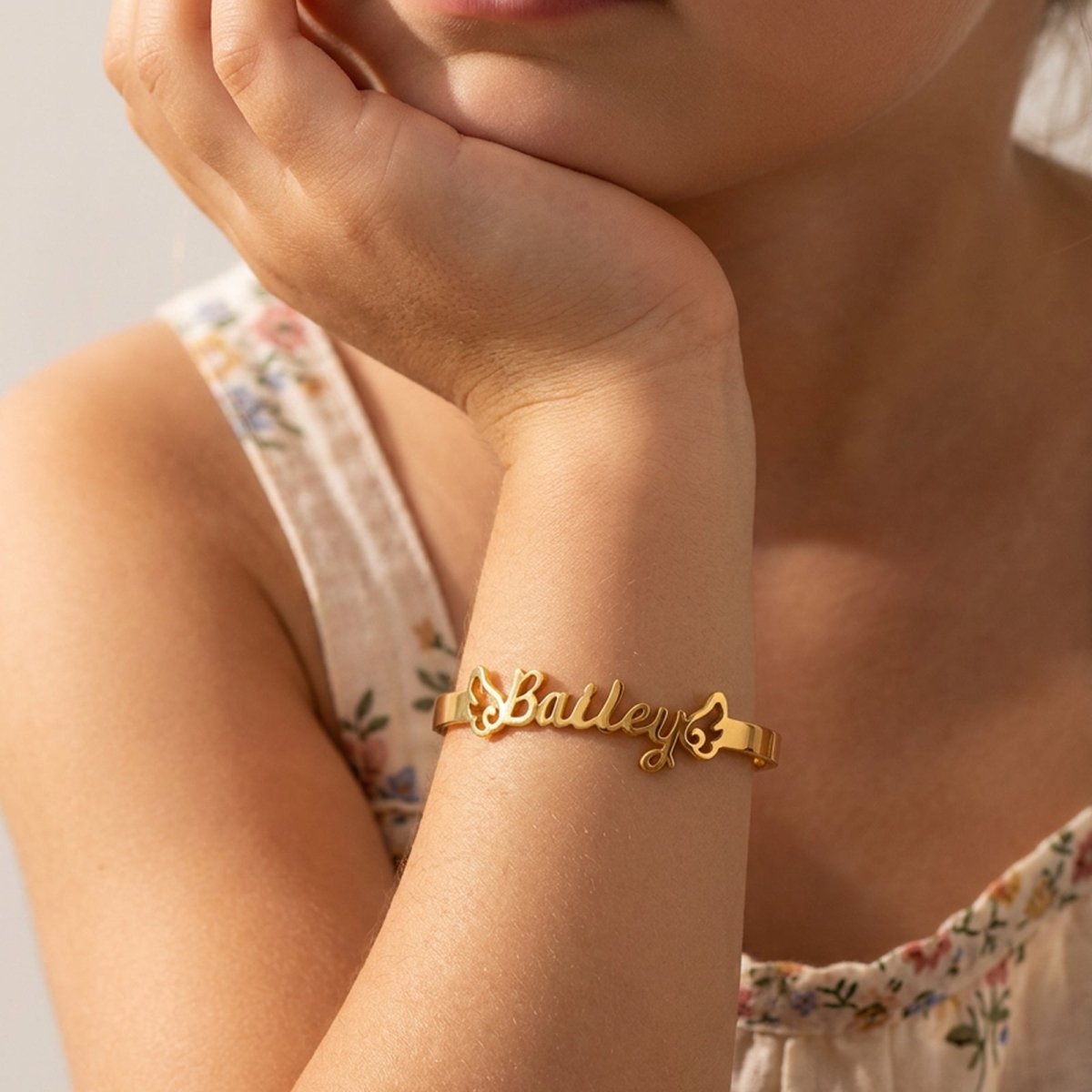 Personalized Baby Name Cuff Bracelet with Angel Wings - Glaxias