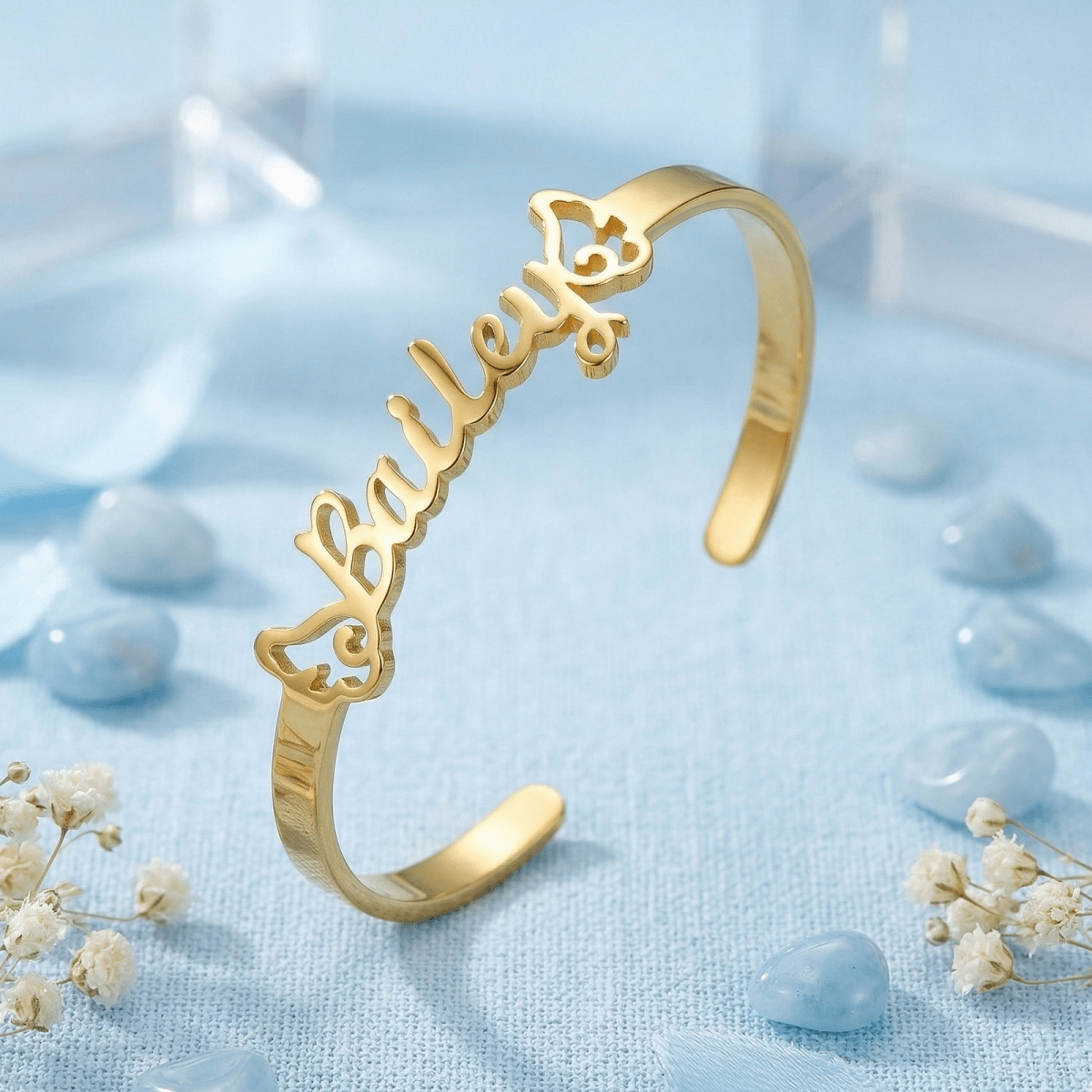 Personalized Baby Name Cuff Bracelet with Angel Wings - Glaxias