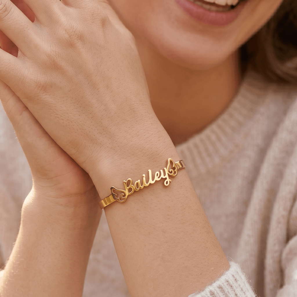 Personalized Baby Name Cuff Bracelet with Angel Wings - Glaxias