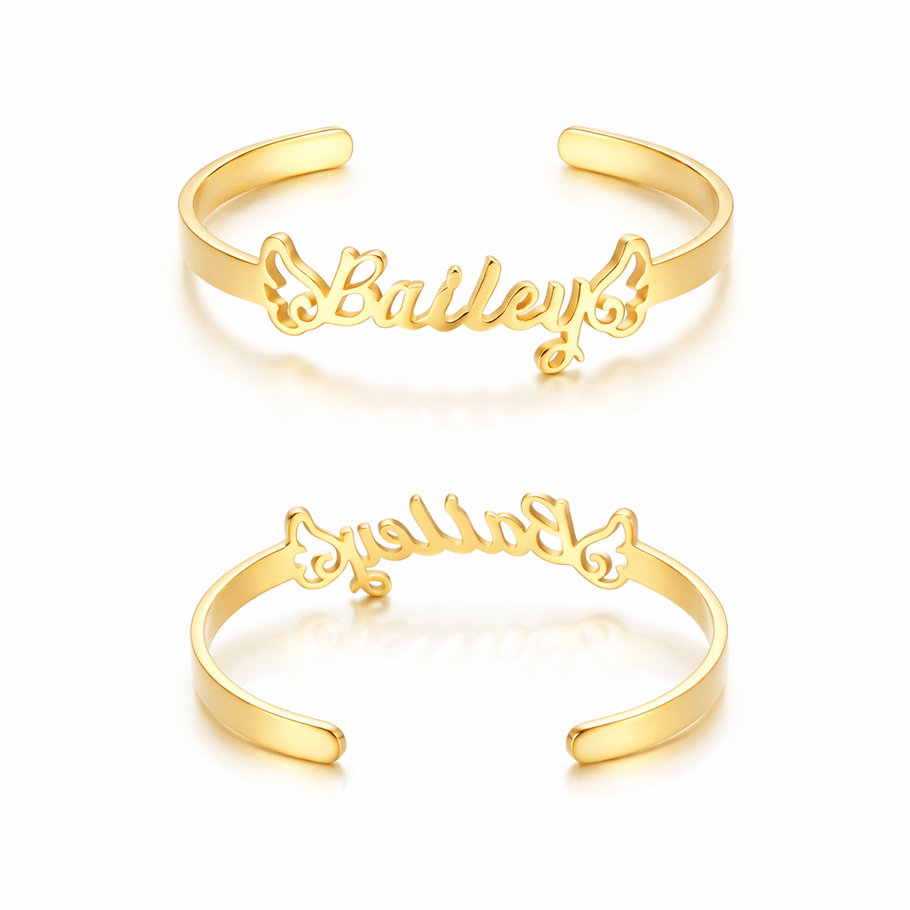 Personalized Baby Name Cuff Bracelet with Angel Wings - Glaxias