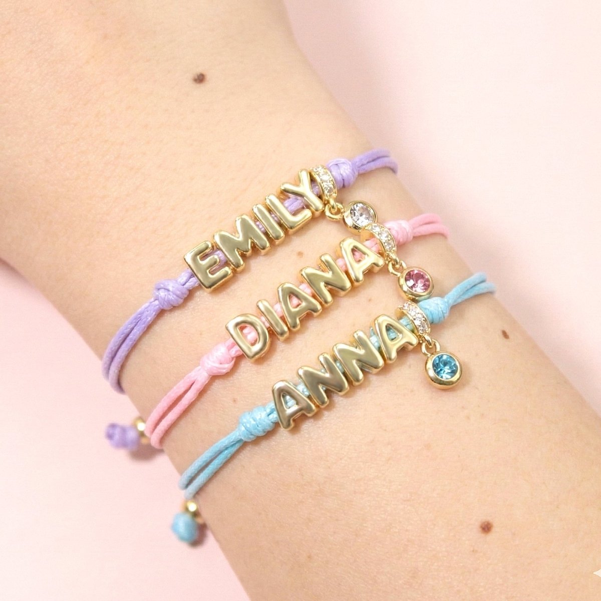 Personalized Balloon Initial Name & Birthstone Rope Bracelet - Glaxias