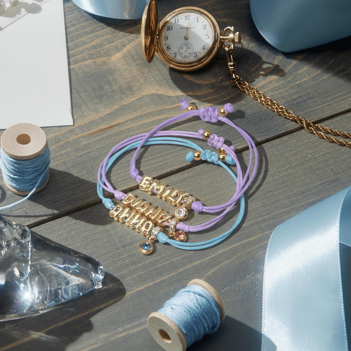 Personalized Balloon Initial Name & Birthstone Rope Bracelet - Glaxias