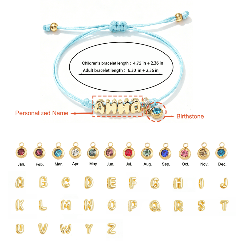Personalized Balloon Initial Name & Birthstone Rope Bracelet - Glaxias